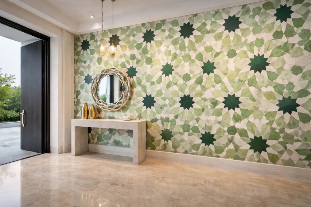 Zellige Vert Minéral – Papier Peint Panoramique Architectural Premium | Pixara