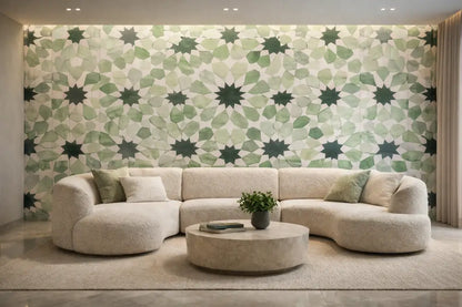 Zellige Vert Minéral – Papier Peint Panoramique Architectural Premium | Pixara